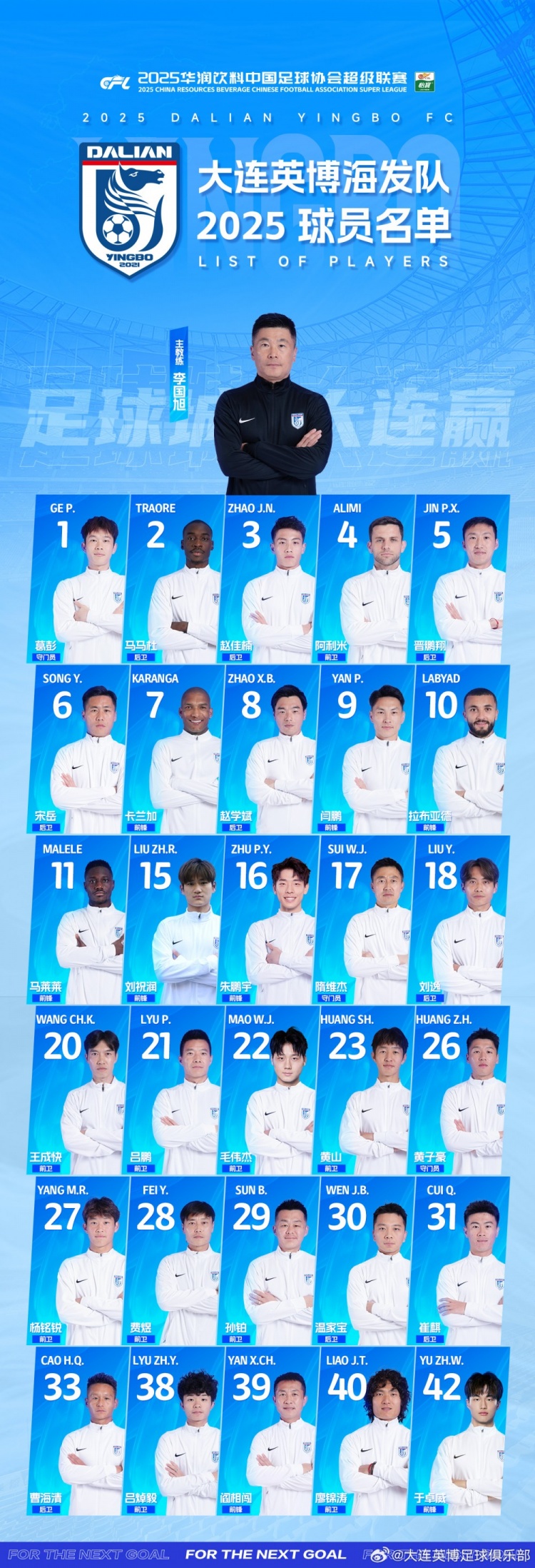 大連英博一線隊(duì)名單：10號(hào)拉布亞德領(lǐng)銜五外援，共30名球員入選