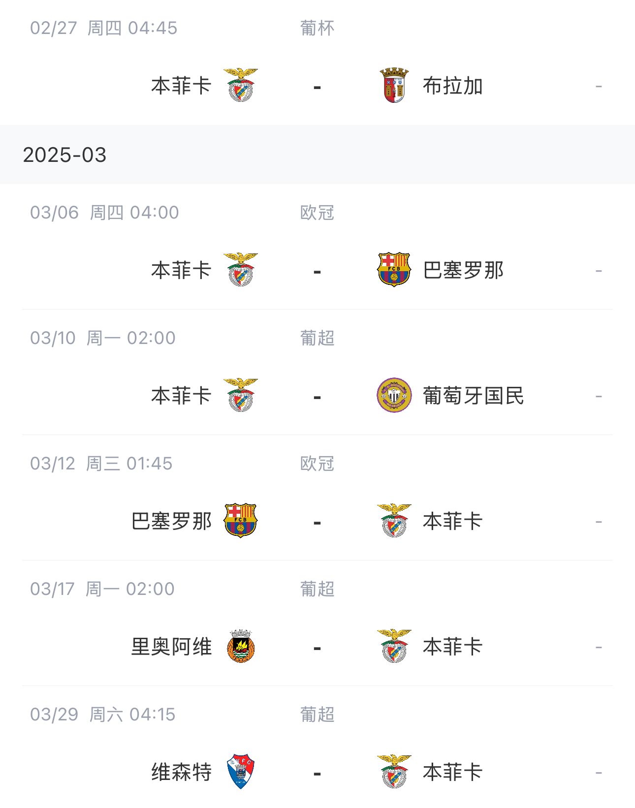 讓路歐冠！本菲卡戰(zhàn)巴薩首回合比賽前的葡超比賽推遲進行