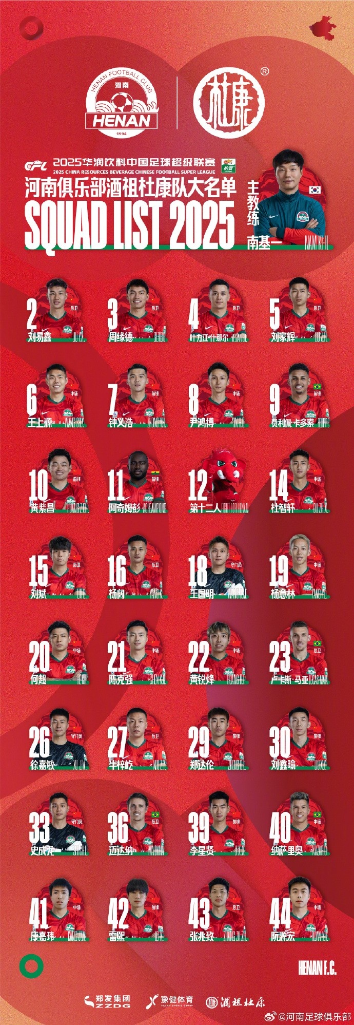 河南隊一線隊名單：5外援領(lǐng)銜，12號授予“第十二人”